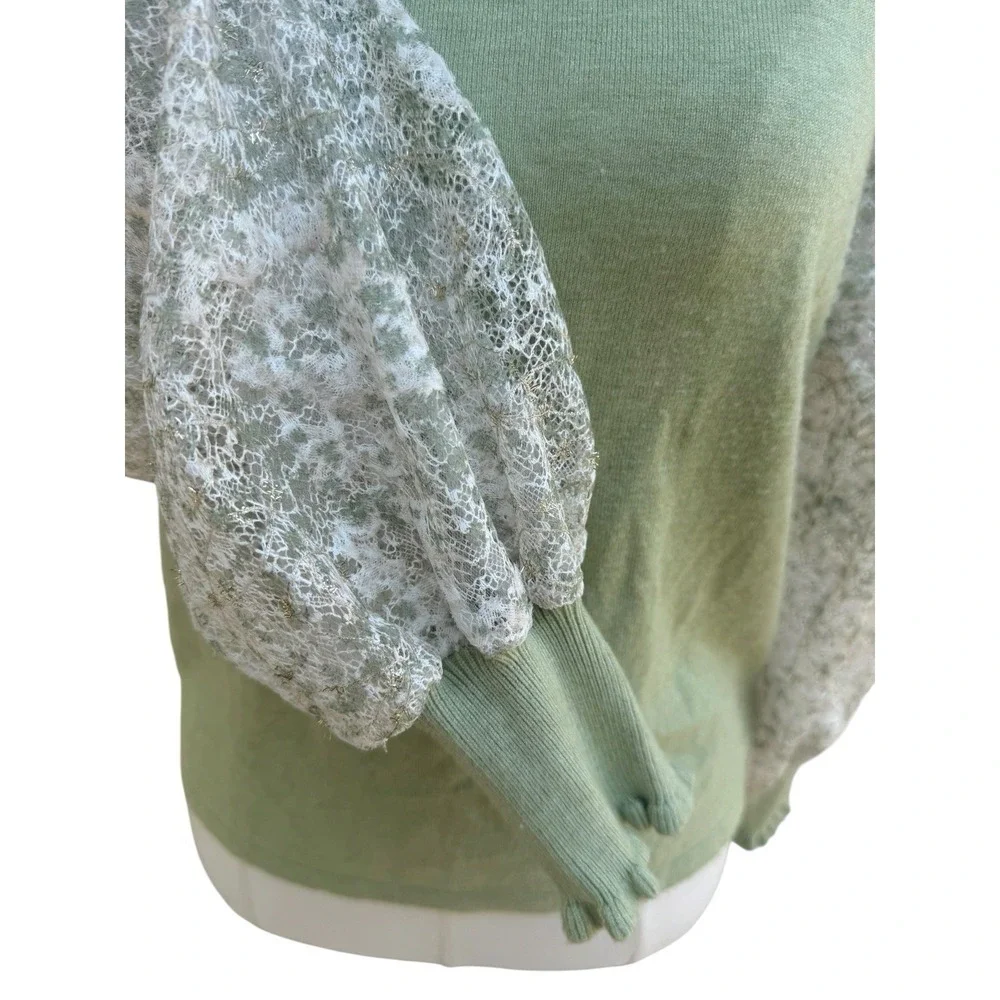 Siani Milano Sweater Sage Green Lace Sleeve Ruffle V-Neck Boho Cottagecore Small